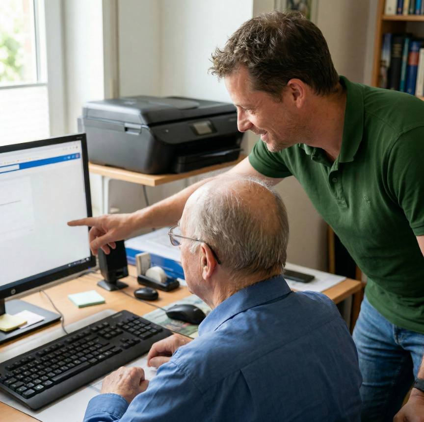 Benjamin Pannier hilft Senior am Computer Technikbegleiter Bretten